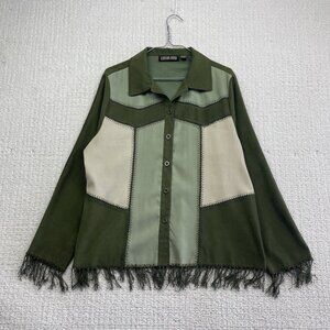 Canyon Road Womens XL Shirt Green Faux Suede Button Down Western Boho Patchwork